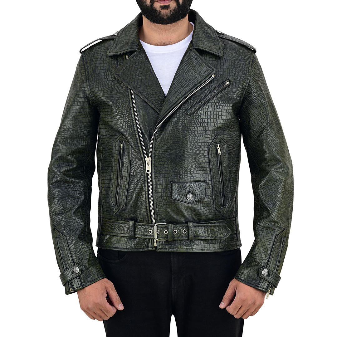 Men's Vintage Crocodile Print Cowhide Leather Biker Jacket