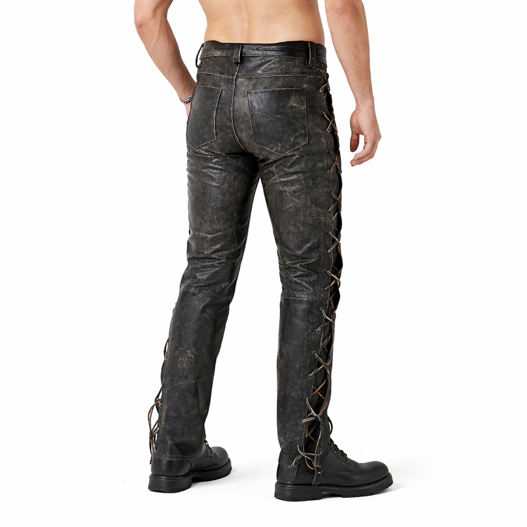 Men's Distressed Cowhide Leather Lace-Up Biker Pants