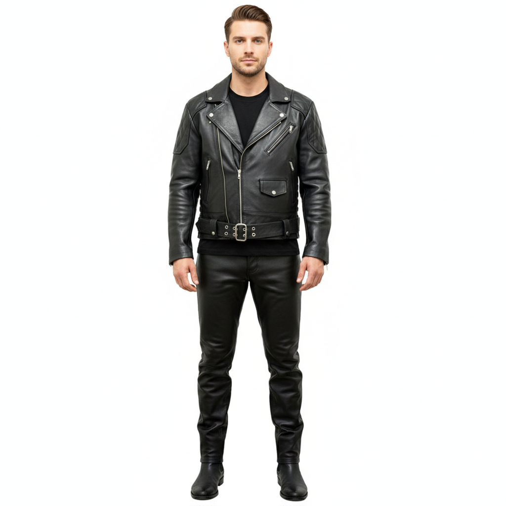 Men’s Cowhide Leather Biker Jacket – Quilted BLUF Brando Style