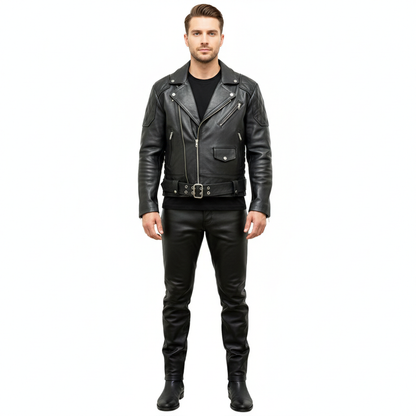 Men’s Cowhide Leather Biker Jacket – Quilted BLUF Brando Style