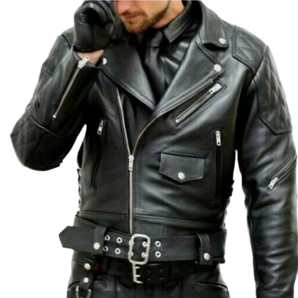 Men’s Cowhide Leather Biker Jacket – Quilted BLUF Brando Style