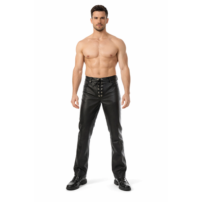Men’s Cowhide Leather Biker Pants with Front Laces