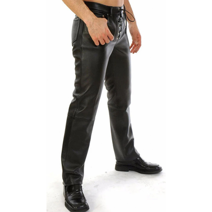 Men’s Cowhide Leather Biker Pants with Front Laces