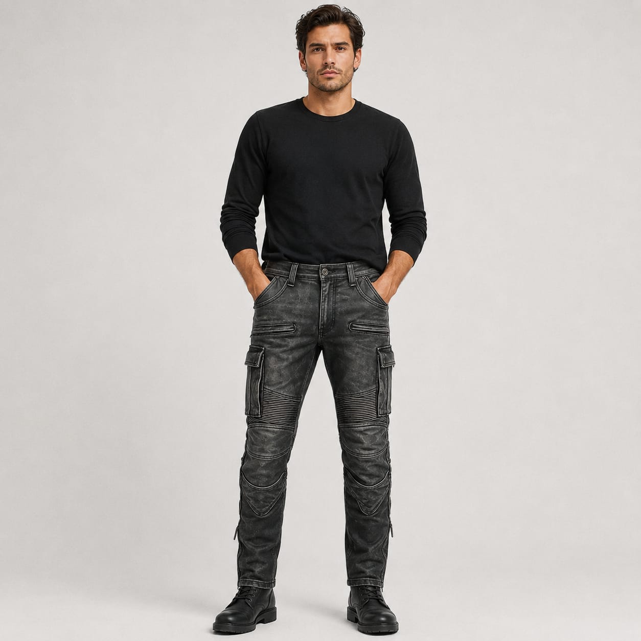 "Grey distressed leather motorcycle cargo pants with armor knee panels, front view product shot"