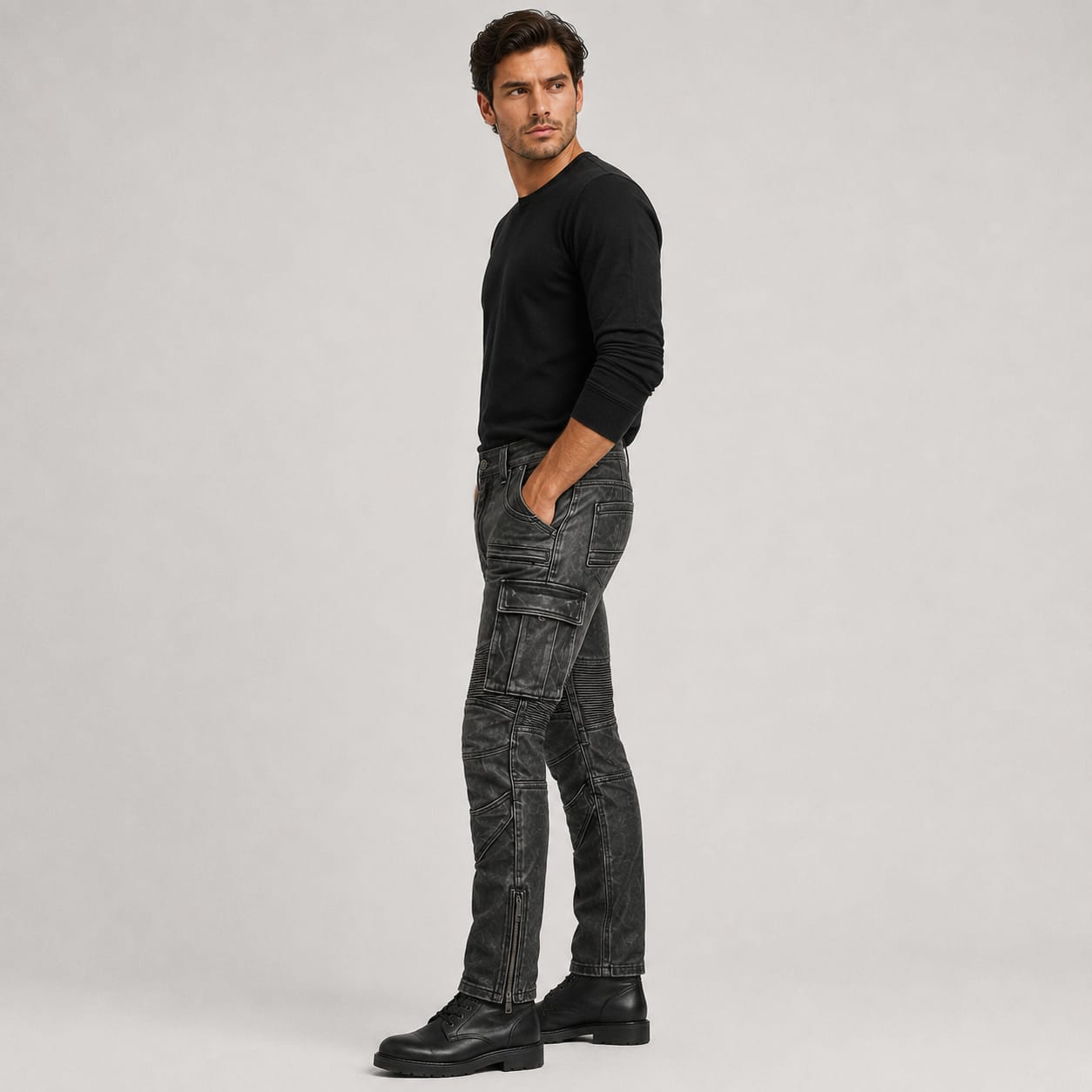 Side view of grey leather motorcycle cargo pants highlighting cargo pocket and side zipper detail"
