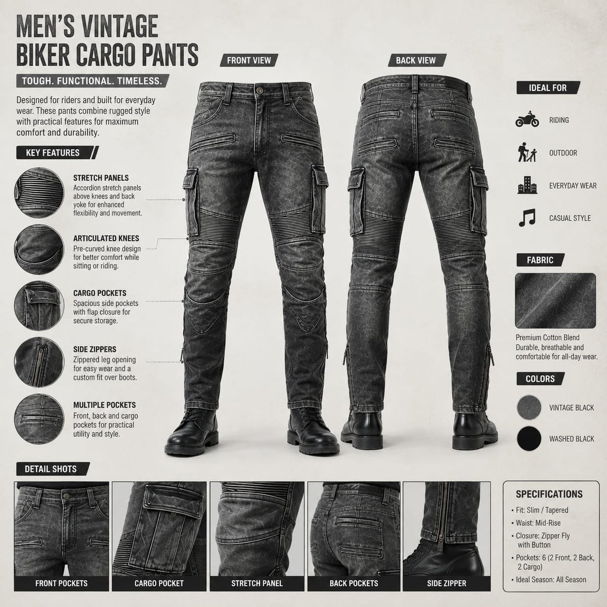 "Infographic showing key features of grey distressed leather motorcycle cargo pants including armor pockets and reinforced knees"