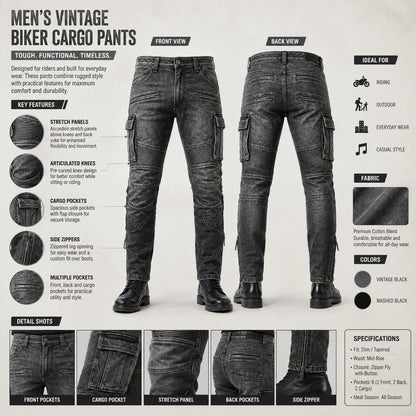 "Infographic showing key features of grey distressed leather motorcycle cargo pants including armor pockets and reinforced knees"