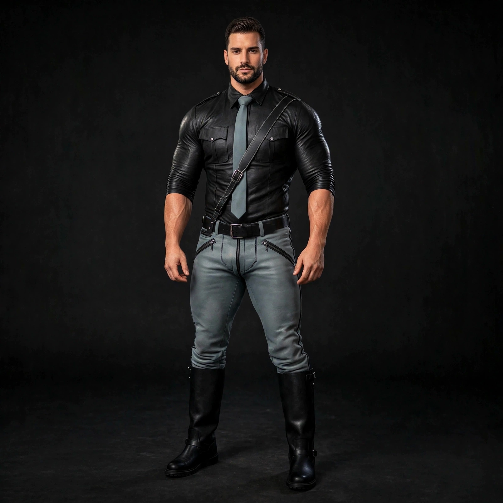 Muscular man wearing the full grey leather police uniform suit, black lamb leather shirt and grey cowhide pants, square front studio view with one seamless dark studio background