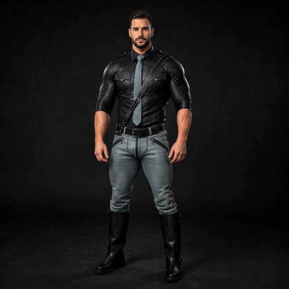 Muscular man wearing the full grey leather police uniform suit, black lamb leather shirt and grey cowhide pants, square front studio view with one seamless dark studio background