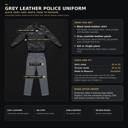 Grey leather police uniform infographic showing only the black lamb leather shirt and grey cowhide pants included, adult sizes, Made to Measure and 3 business day production