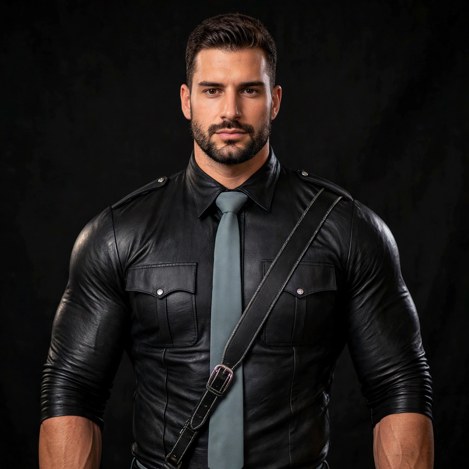 Jacket only view of the black lamb leather police shirt from the grey leather police uniform, square studio image