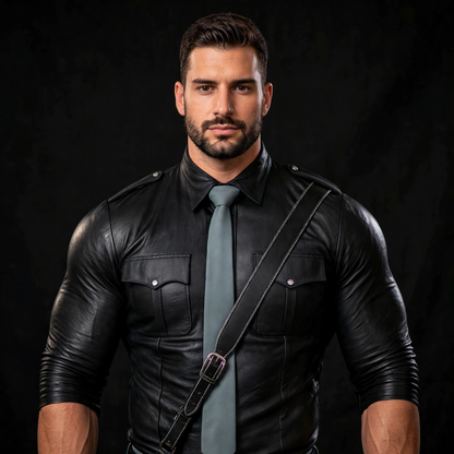 Jacket only view of the black lamb leather police shirt from the grey leather police uniform, square studio image