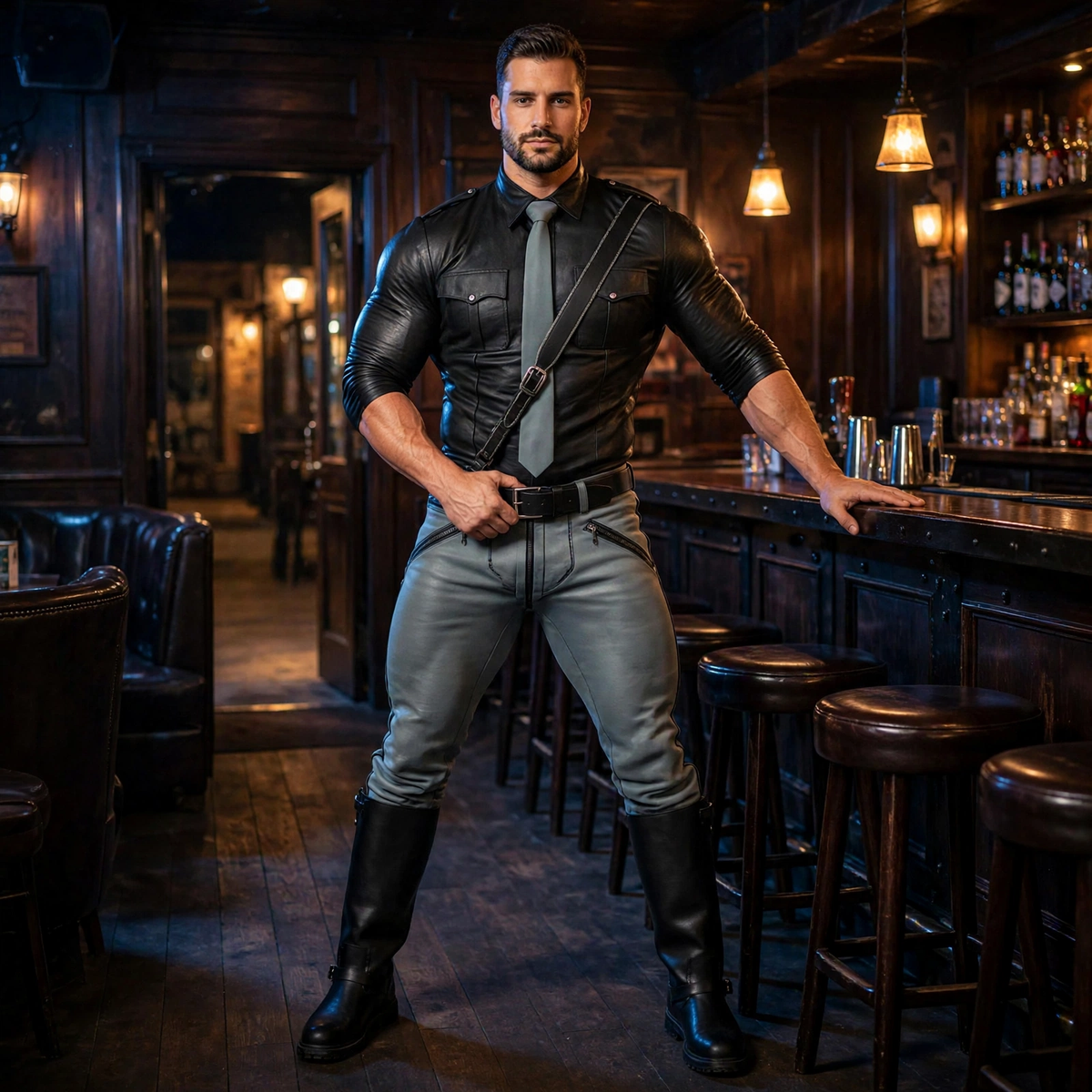 Muscular man wearing grey leather police uniform in a leather bar, black lamb leather shirt and grey cowhide pants, wide confident stance