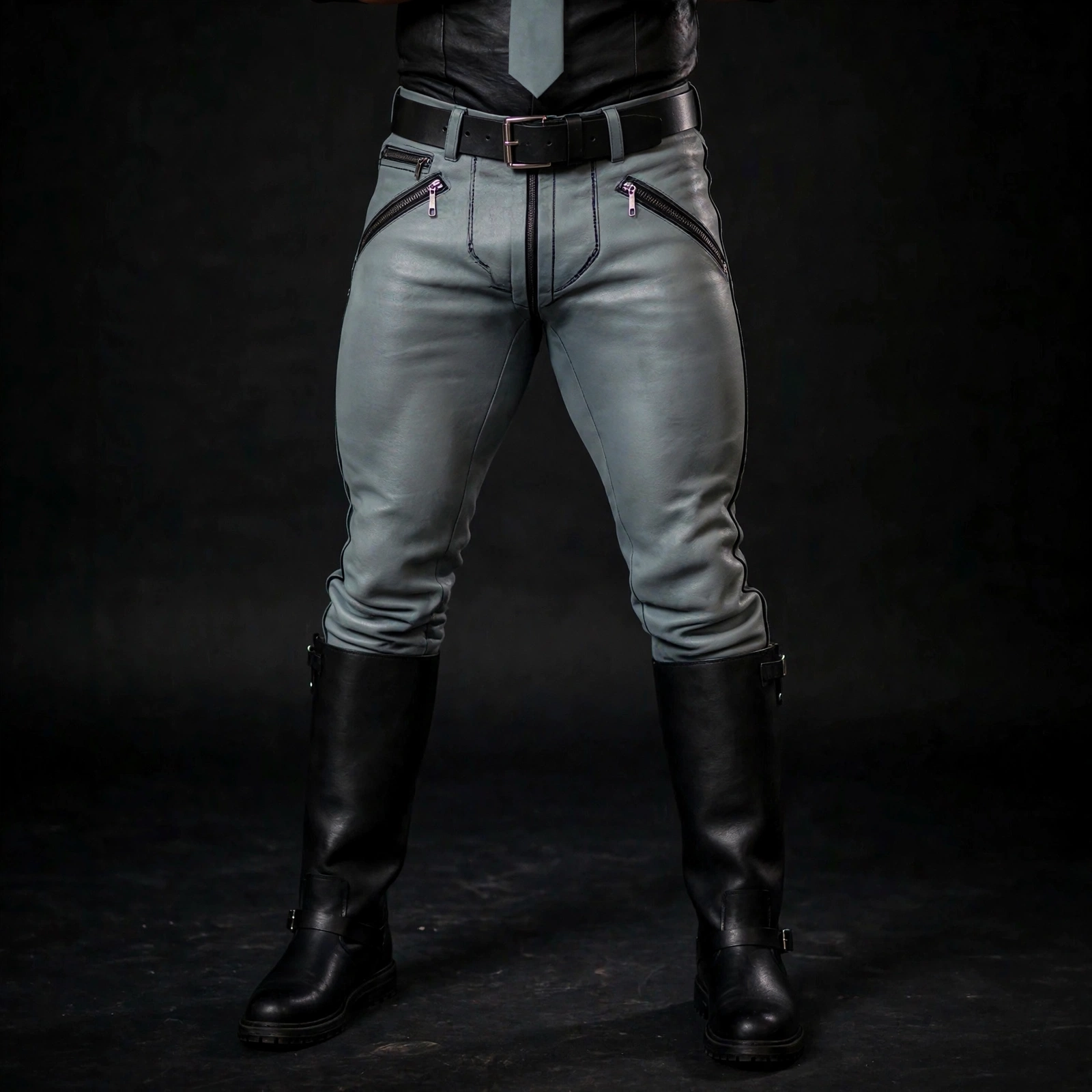 Pant only view of the grey cowhide leather pants from the grey leather police uniform, square studio image