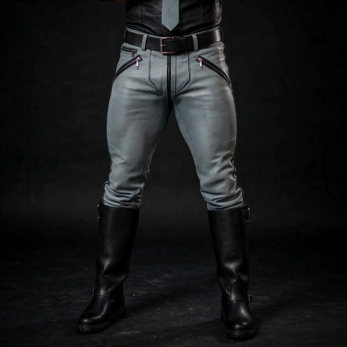 Pant only view of the grey cowhide leather pants from the grey leather police uniform, square studio image