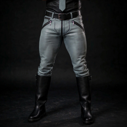 Pant only view of the grey cowhide leather pants from the grey leather police uniform, square studio image