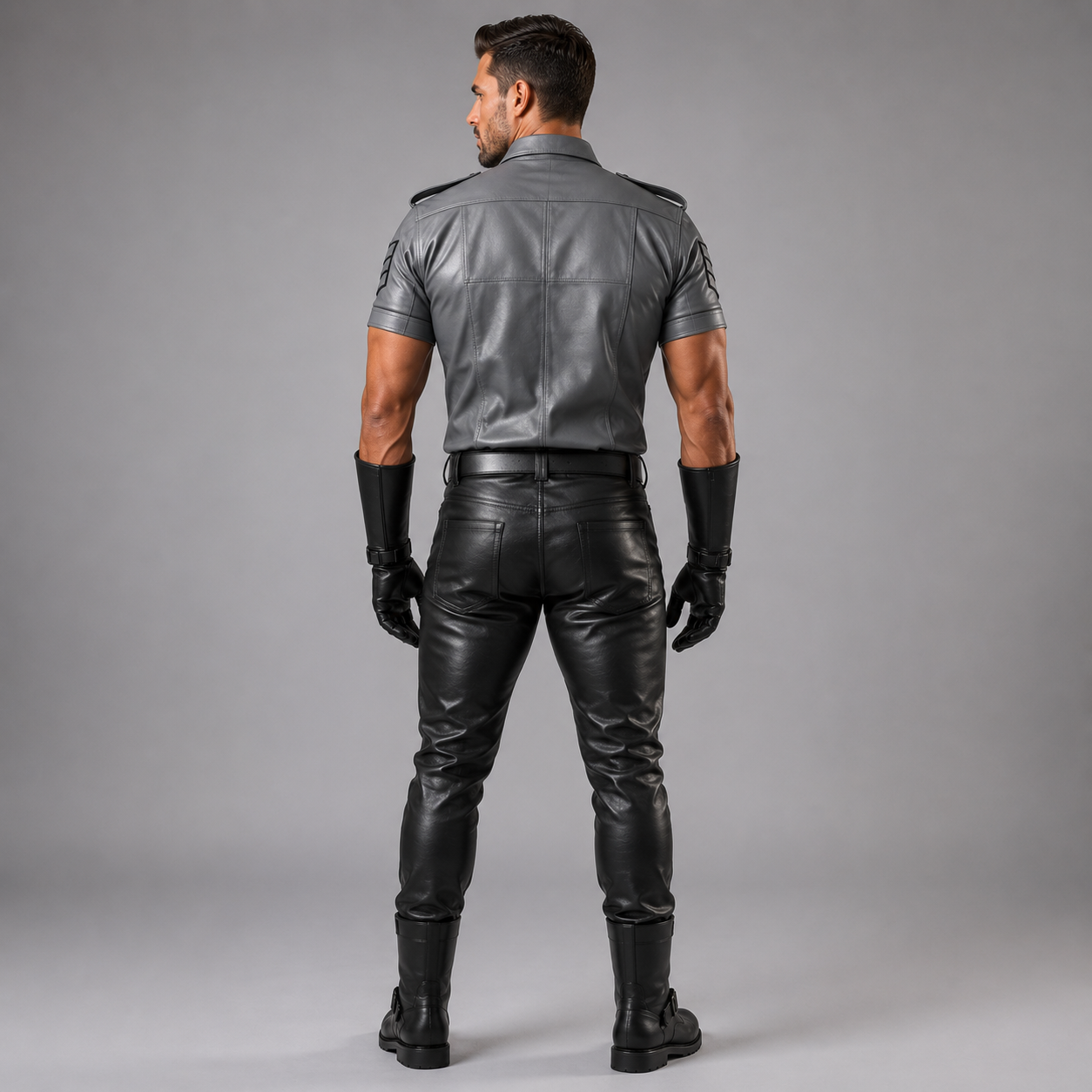 Back view of grey leather uniform shirt showing yoke seam, epaulettes, and leather trousers detail
