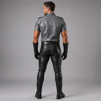 Back view of grey leather uniform shirt showing yoke seam, epaulettes, and leather trousers detail