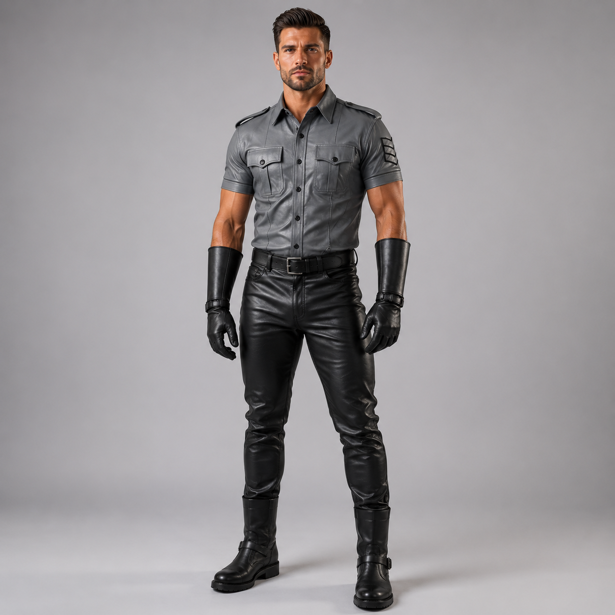 Man wearing grey leather police-style uniform shirt with epaulettes and black leather gauntlet gloves, front view