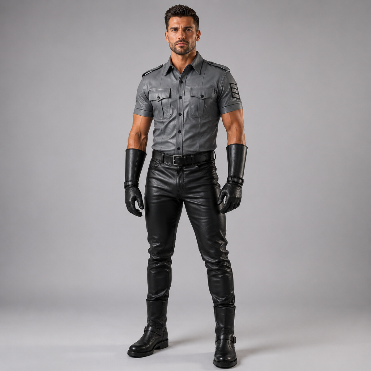 Man wearing grey leather police-style uniform shirt with epaulettes and black leather gauntlet gloves, front view