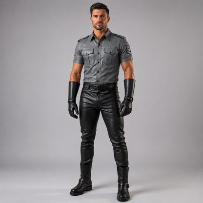 Man wearing grey leather police-style uniform shirt with epaulettes and black leather gauntlet gloves, front view