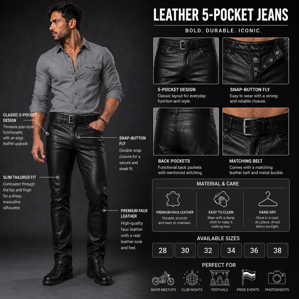 : Infographic layout of grey leather uniform shirt highlighting epaulettes, chest pockets, snap buttons, and sleeve patch