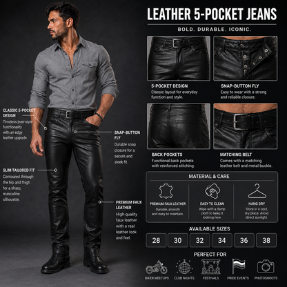 : Infographic layout of grey leather uniform shirt highlighting epaulettes, chest pockets, snap buttons, and sleeve patch