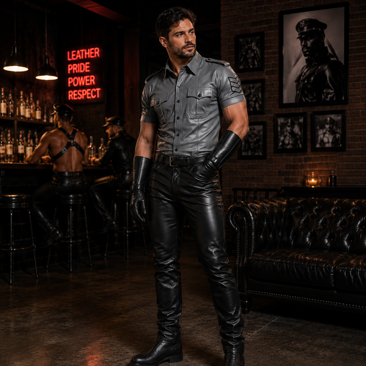 Model wearing grey leather uniform shirt and black leather gloves in a dimly lit leather bar setting
