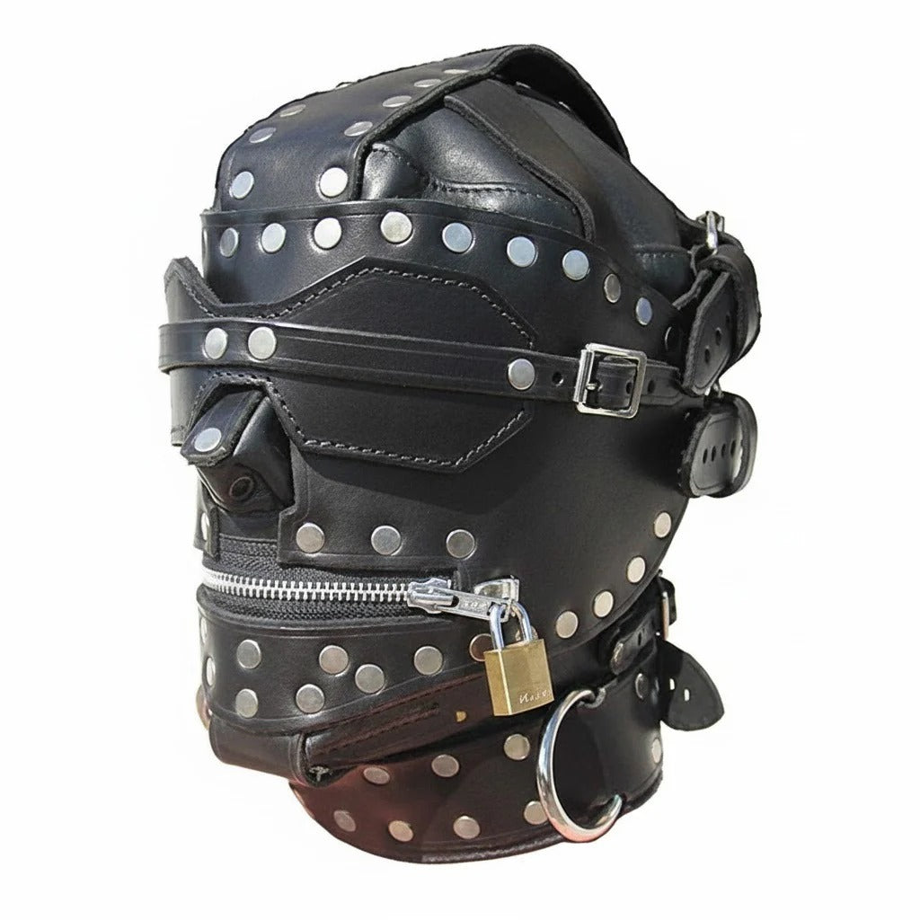Shop Basix BDSM black leather hood with metallic studs, buckles, zipper mouth, and padlock detail