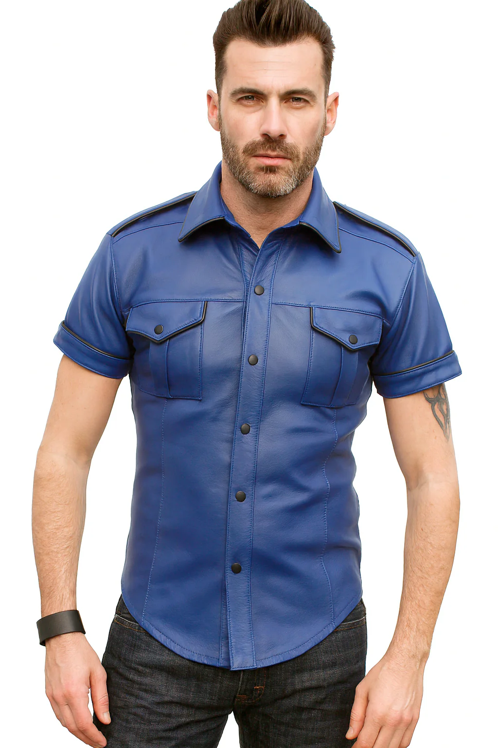 Shop Basix Bluf fitted blue leather shirt with snap buttons, chest pockets, and shoulder epaulets