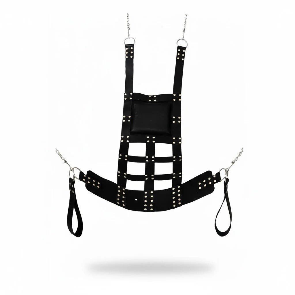 Shop Basix BDSM black leather harness swing with chains, riveted straps, and padded sections