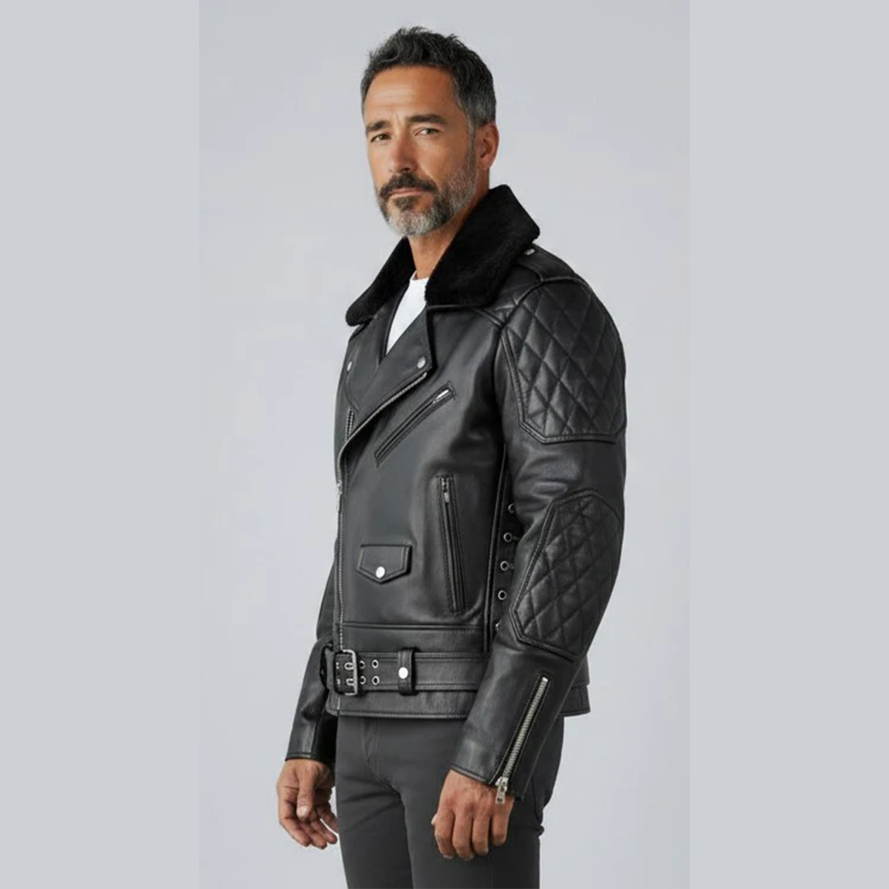 Men’s Real Leather Pea Coat with Detachable Fur Collar – Long Cowhide Jacket