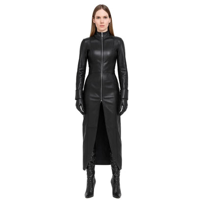 Women’s Leather Trench Coat – Long Duster with Corset Back Laces