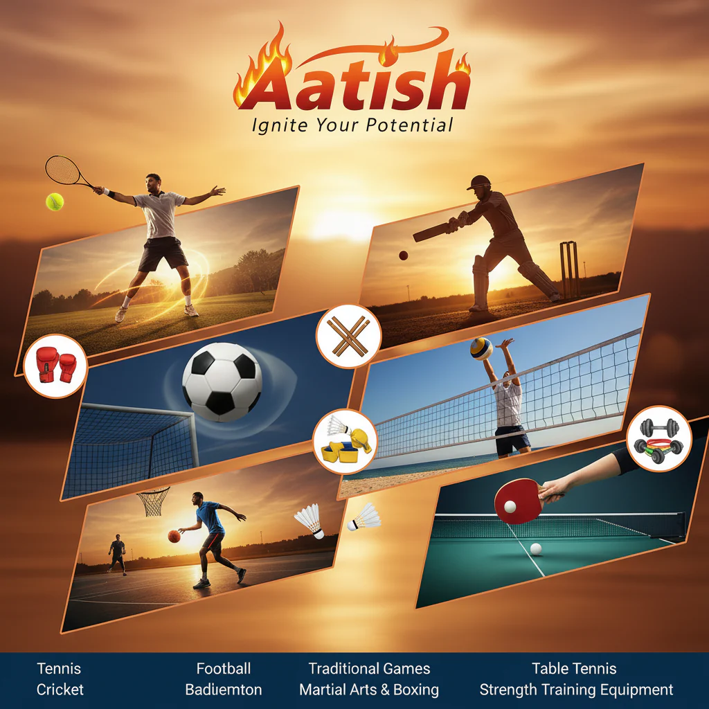 Promotional poster featuring multiple sports and strength training equipment – AAtish premium sportswear and gear