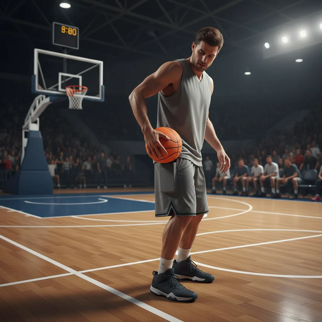 Shop Basix Basketball player holding ball on indoor court with hoop and scoreboard