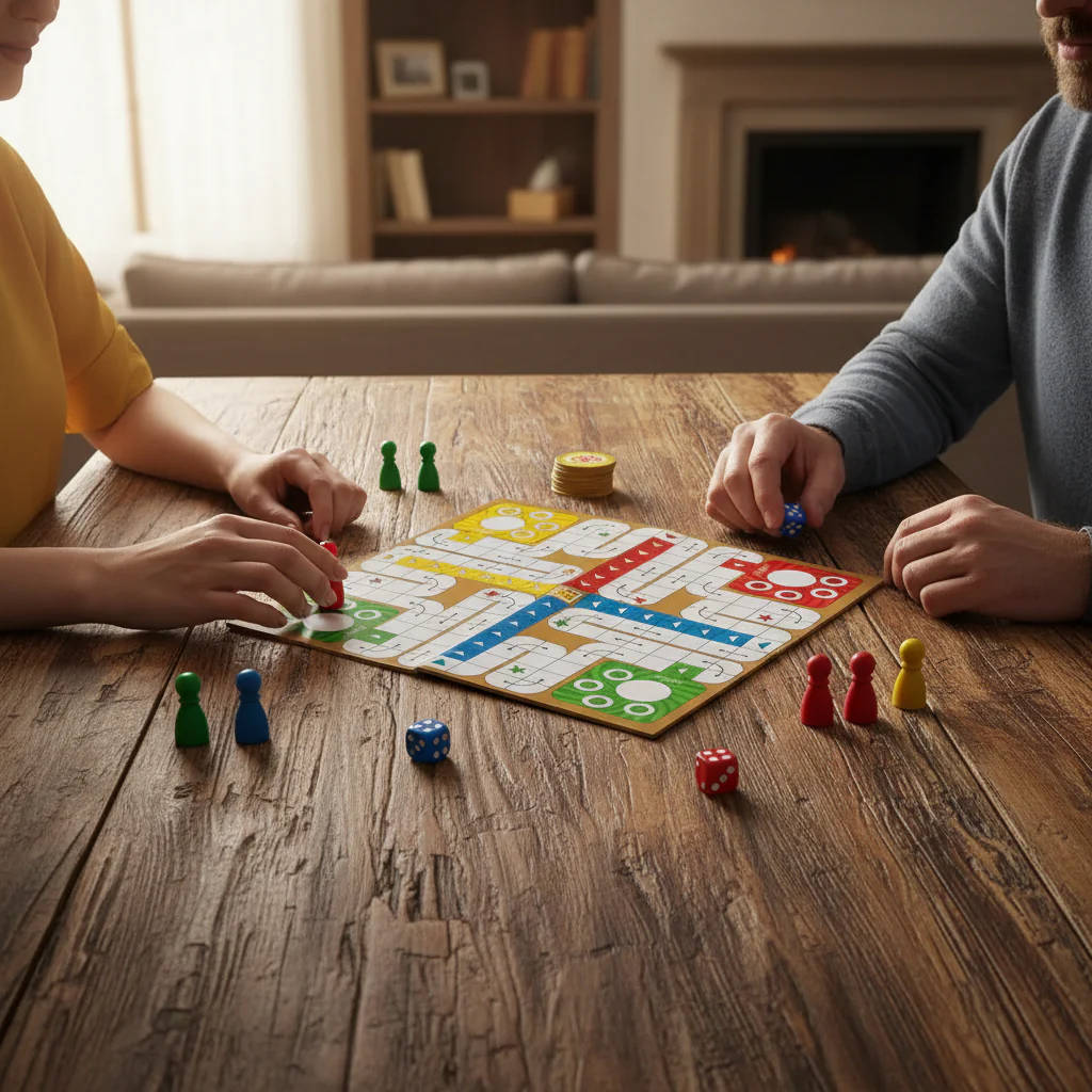 Shop Basix Traditional Games kids playing colorful Ludo board game on wooden table in cozy living room