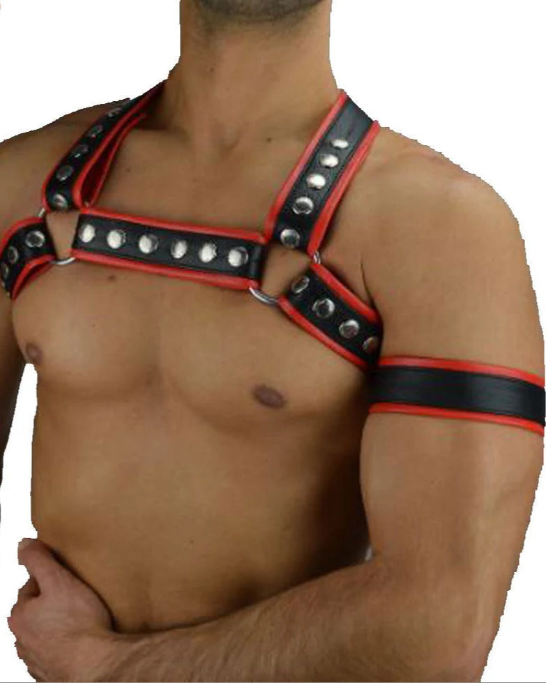 Shop Basix BDSM black and red leather harness with metal rings and studded straps