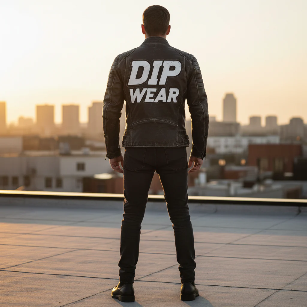 Shop Basix Dip Wear brown leather jacket styled in urban street standing on the front of city buildings