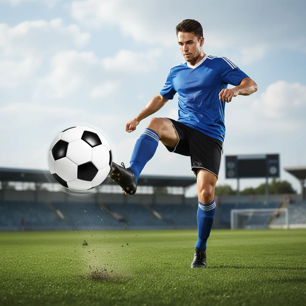 Shop Basix Football player in blue jersey kicking black and white ball on stadium grass field