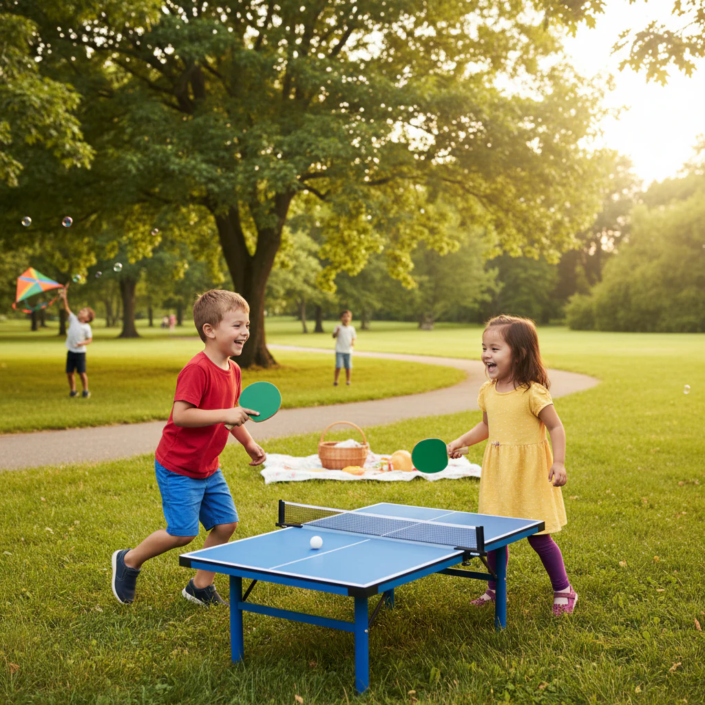 Shop Basix Table Tennis kids playing on small blue table outdoors in park with picnic and kite flying