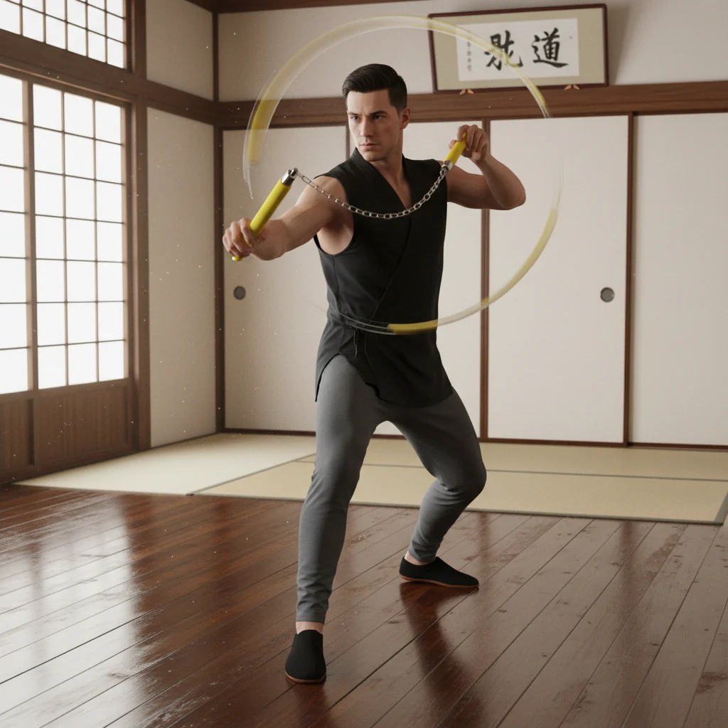 Shop Basix Martial Arts & Boxing athlete training with yellow nunchaku in traditional dojo setting