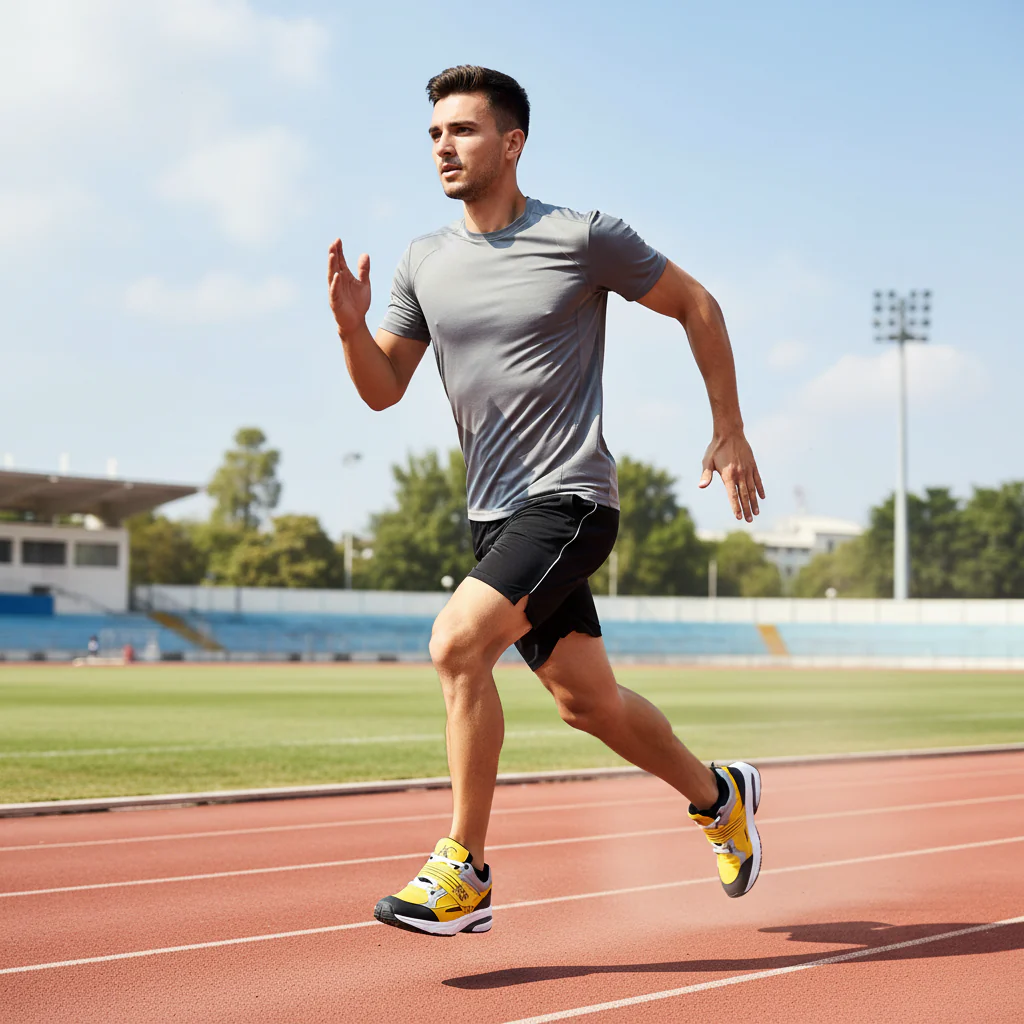 Shop Basix Men's Footwear athlete running on outdoor track in yellow sports shoes with stadium background