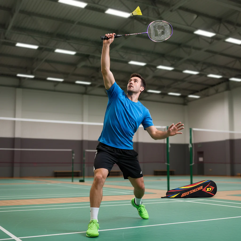 Shop Basix Badminton player performing overhead shot on indoor court with Dunlop bag visible