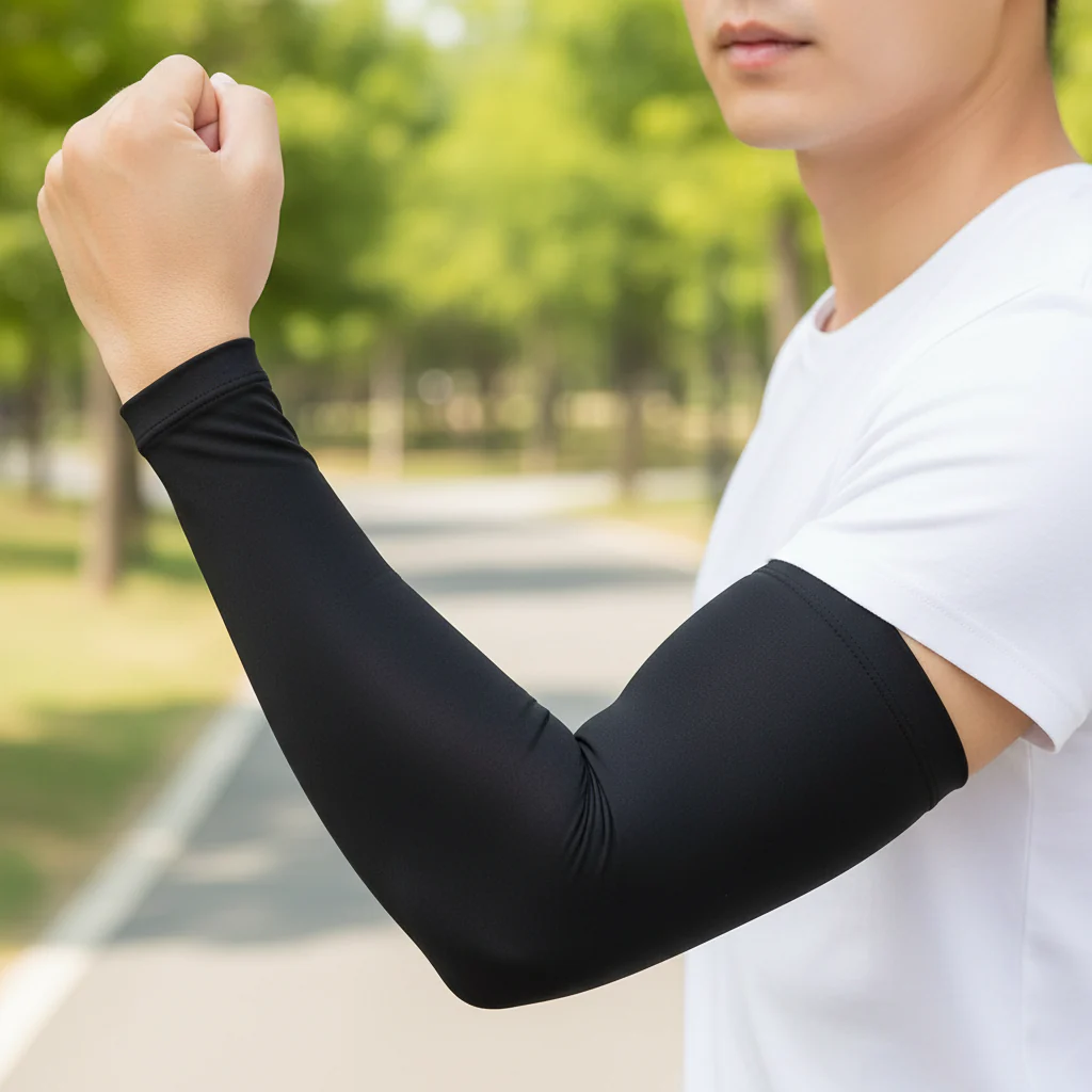 Shop Basix Men's Apparels black compression arm sleeve worn outdoors with fist pose in park setting