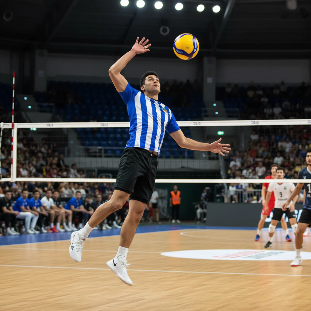 Shop Basix Volley Ball athlete in blue and white jersey performing jump serve on indoor court with spectators