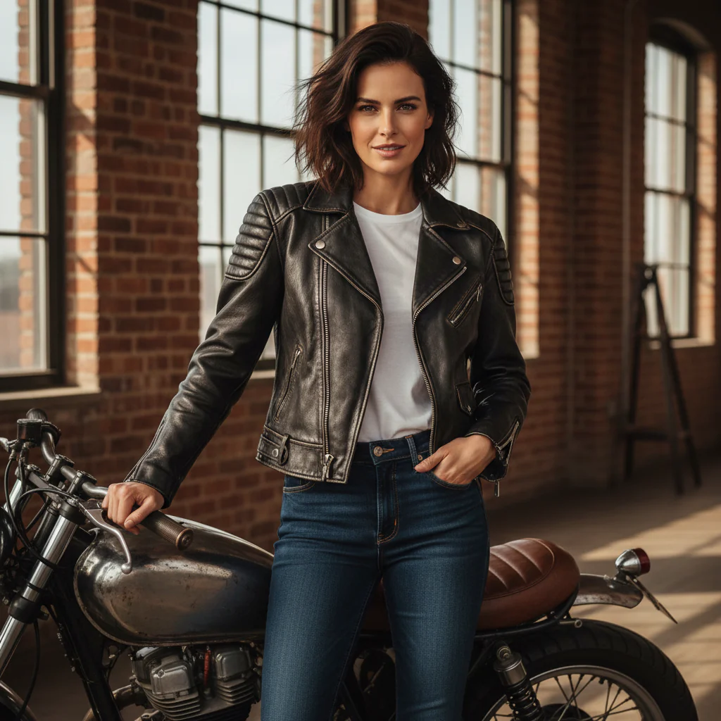 Shop Basix Women's Leather Wear black leather jacket styled with vintage motorcycle in industrial loft setting