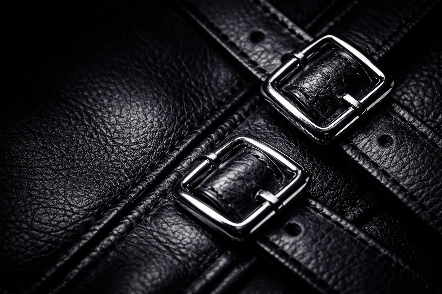 Close-up of black leather straps with chrome buckles – ShopBasix premium leather craftsmanship