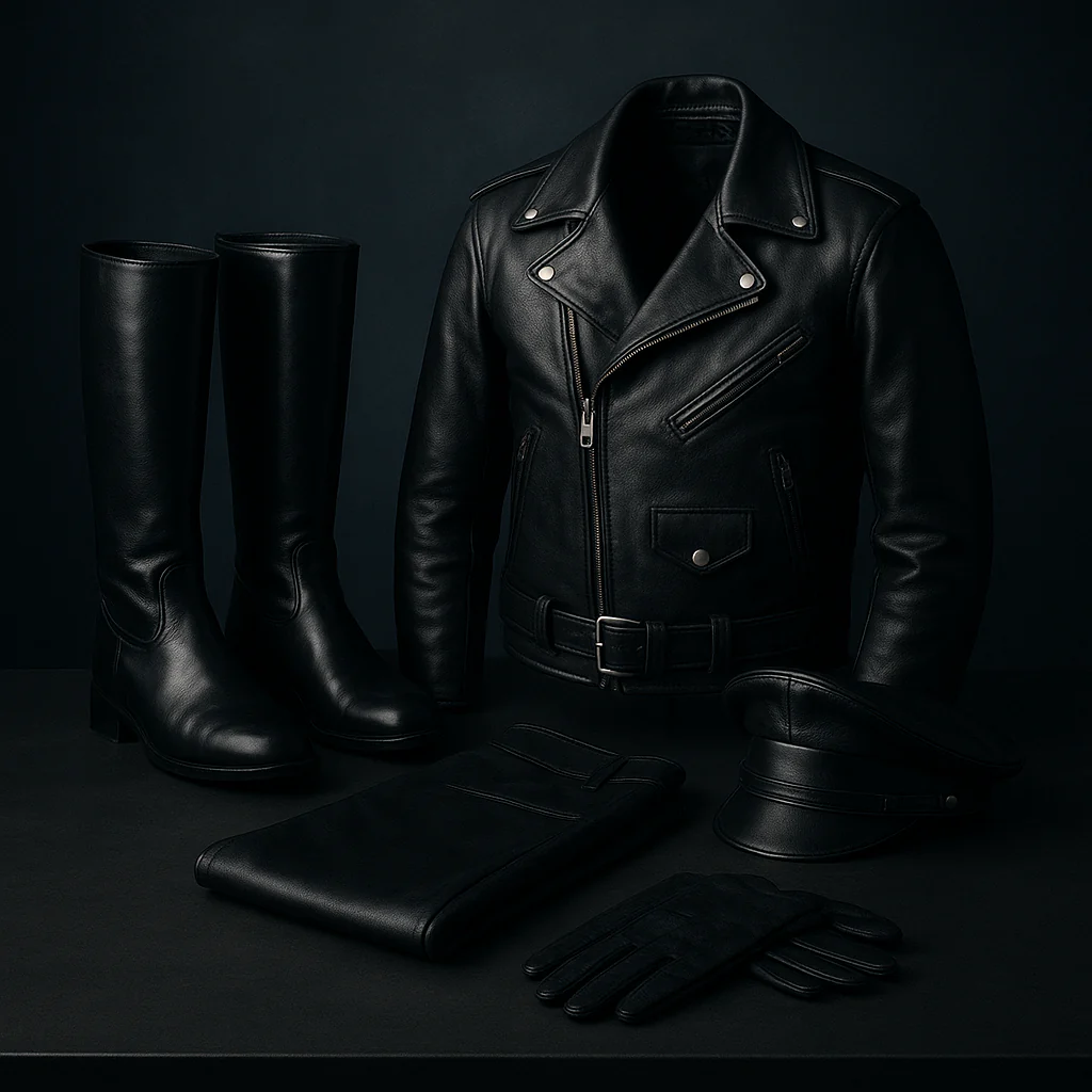 Shop Basix Bluf black leather jacket, boots, pants, gloves, and cap arranged against dark background