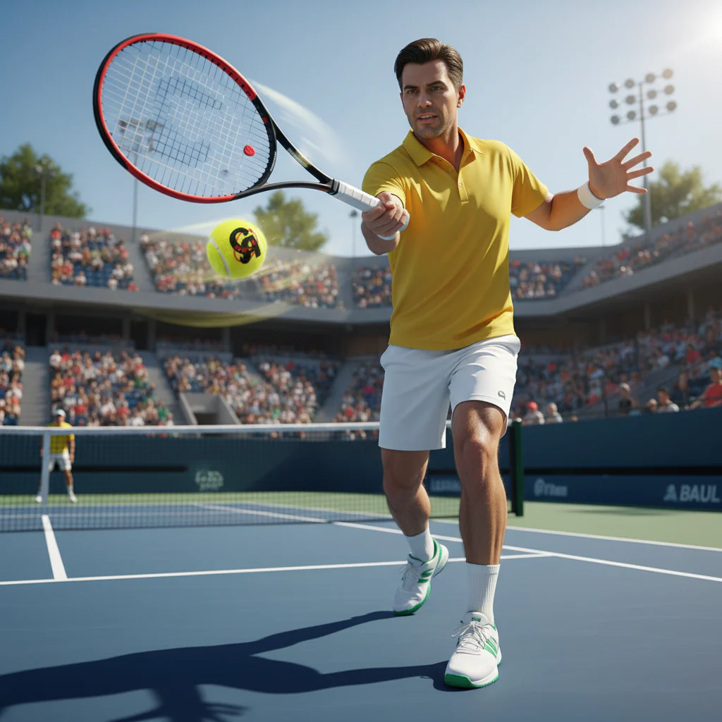 Shop Basix Tennis athlete in yellow shirt hitting forehand shot on outdoor court with stadium crowd