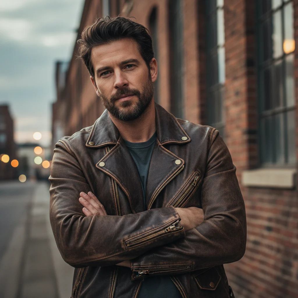 Shop Basix Dip Wear brown leather jacket styled in urban street setting with brick buildings